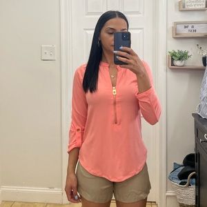 $ 98 Michael Kors Basics Mk 1/2 Zip Medallion Blouse Grapefruit Size S